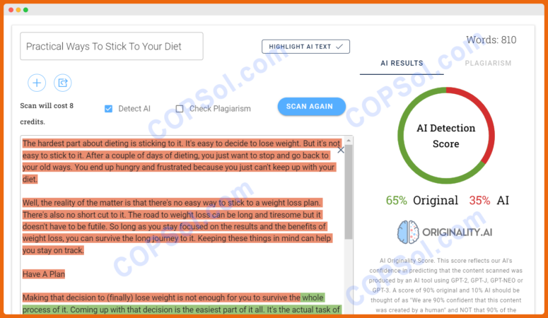 Diets Article Originality Test Results