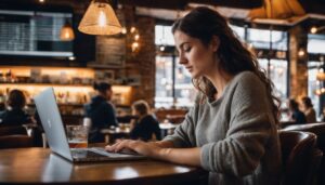 how to make chatgpt write like you. A person is typing on a laptop in a bustling coffee shop with a cityscape background.