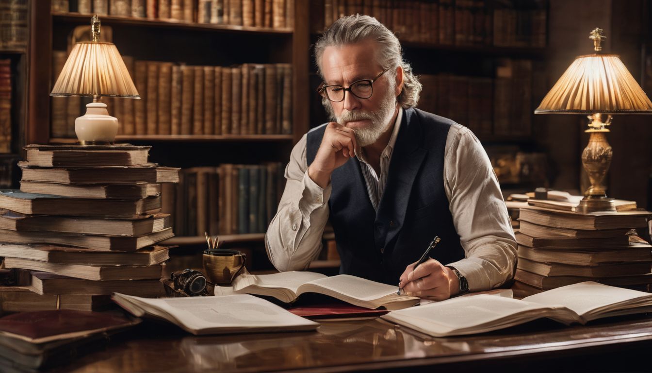 how to make chatgpt write like you 3. A thoughtful writer surrounded by books and papers at their desk.