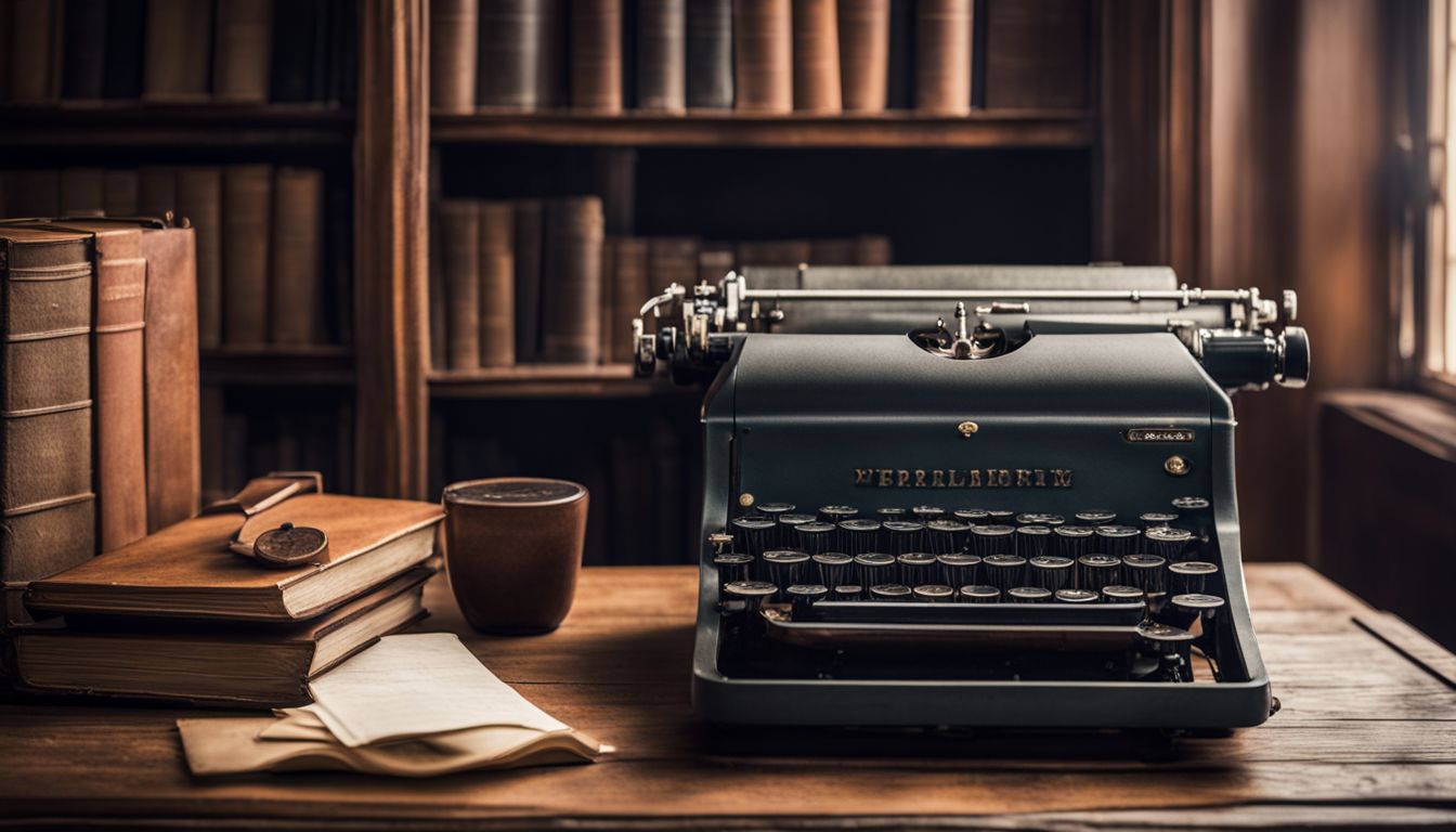 how to make chatgpt write like you 2. A vintage typewriter sits on a wooden desk in a cozy library, capturing a bustling, photorealistic atmosphere.